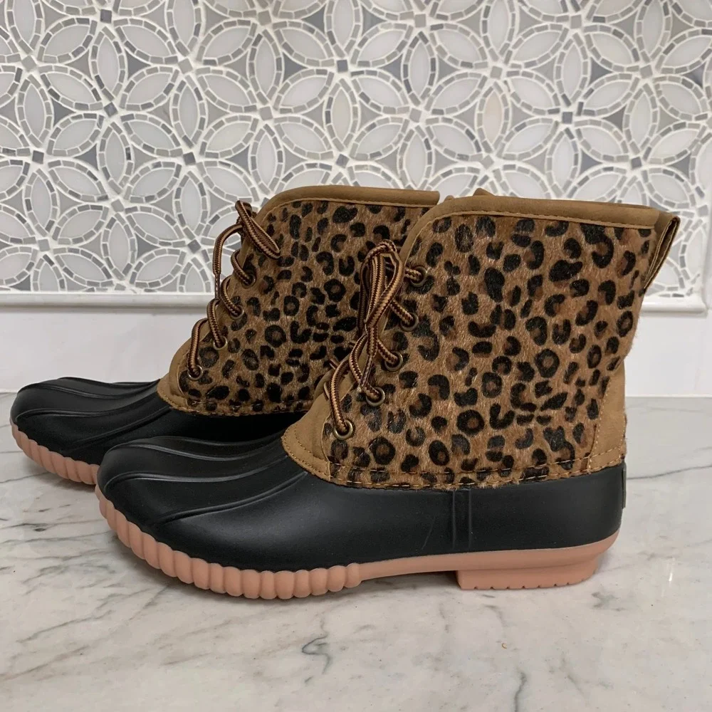 Marleylilly Women's Leopard‎ Print Duck Boots Waterproof Faux Fur Size 8